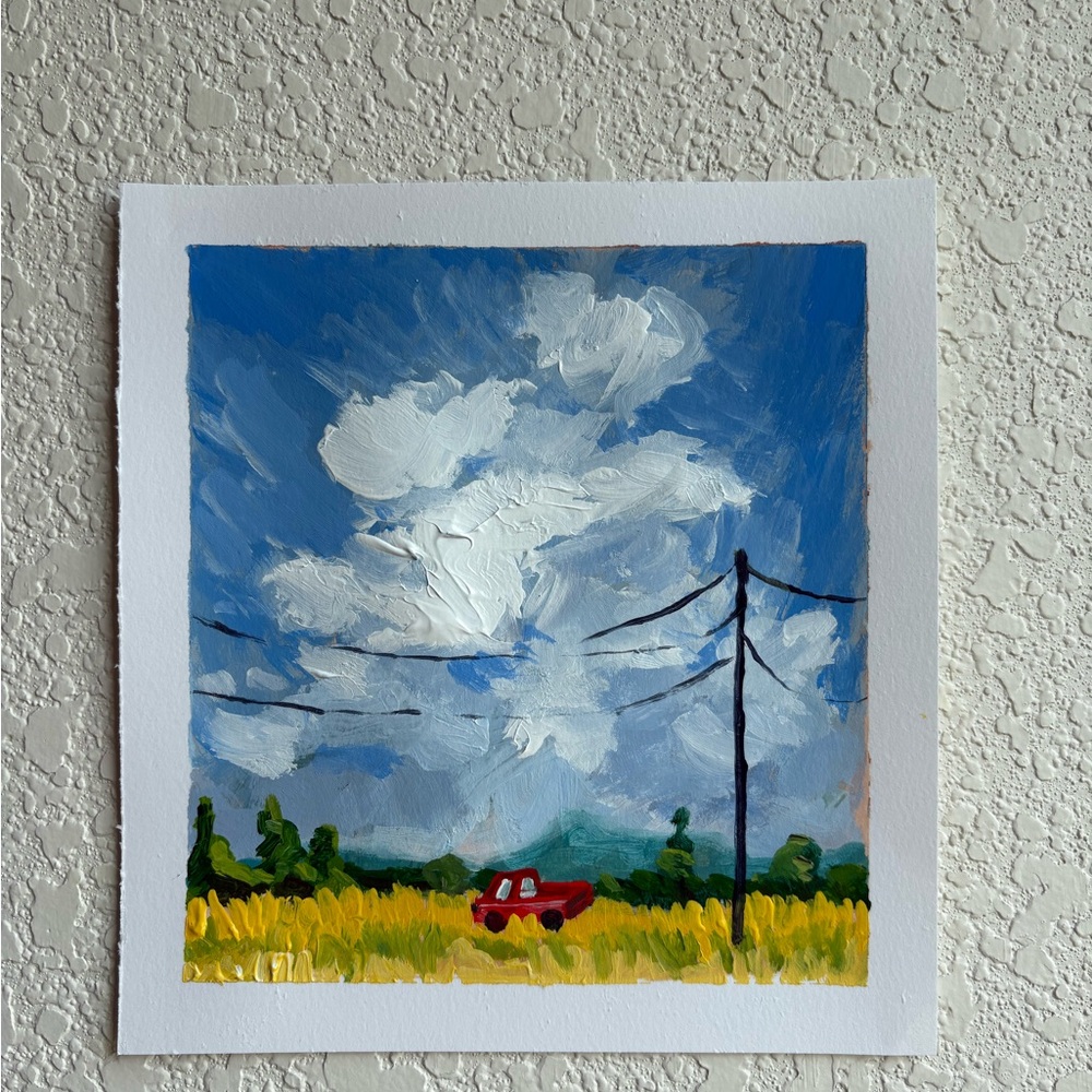 Scenic Landscape Art Print with Blue Sky and Red Car